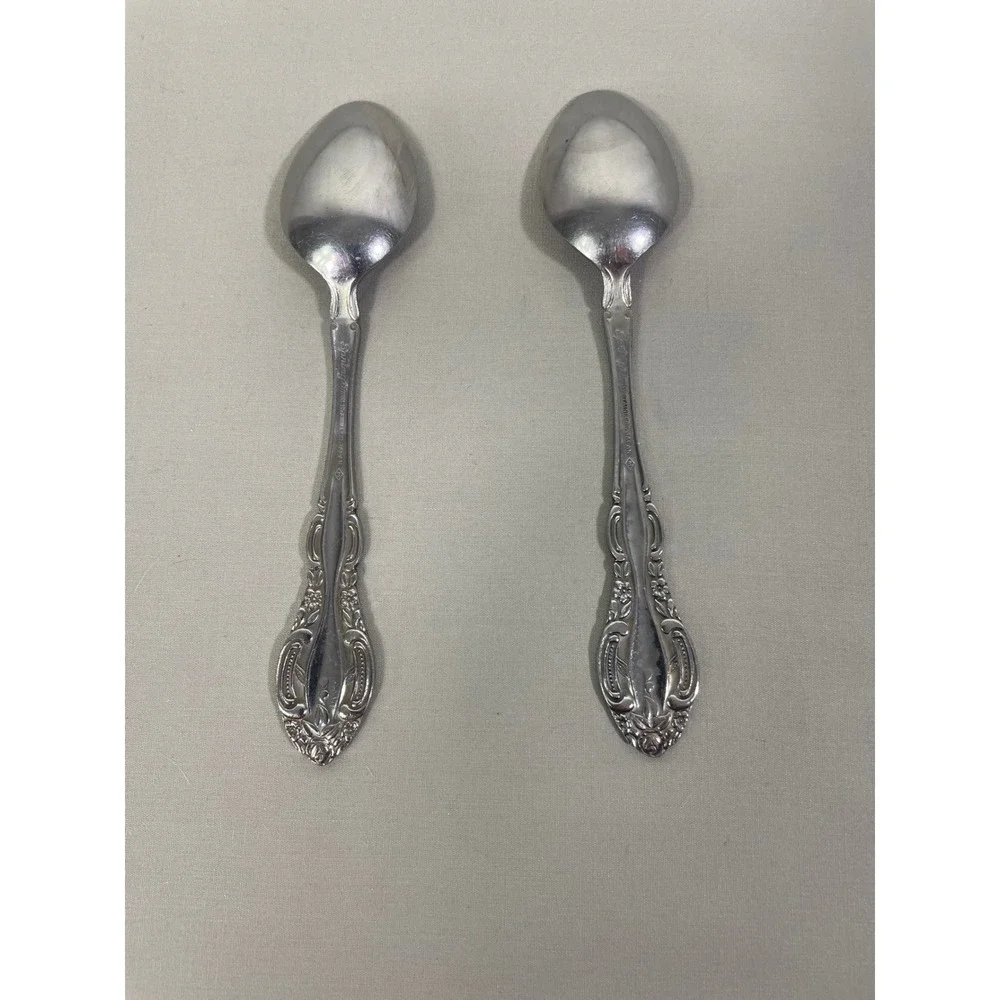 Springtime Stainless Steel Spoons‎ (2) Flatware Floral Scrolls Glossy Japan